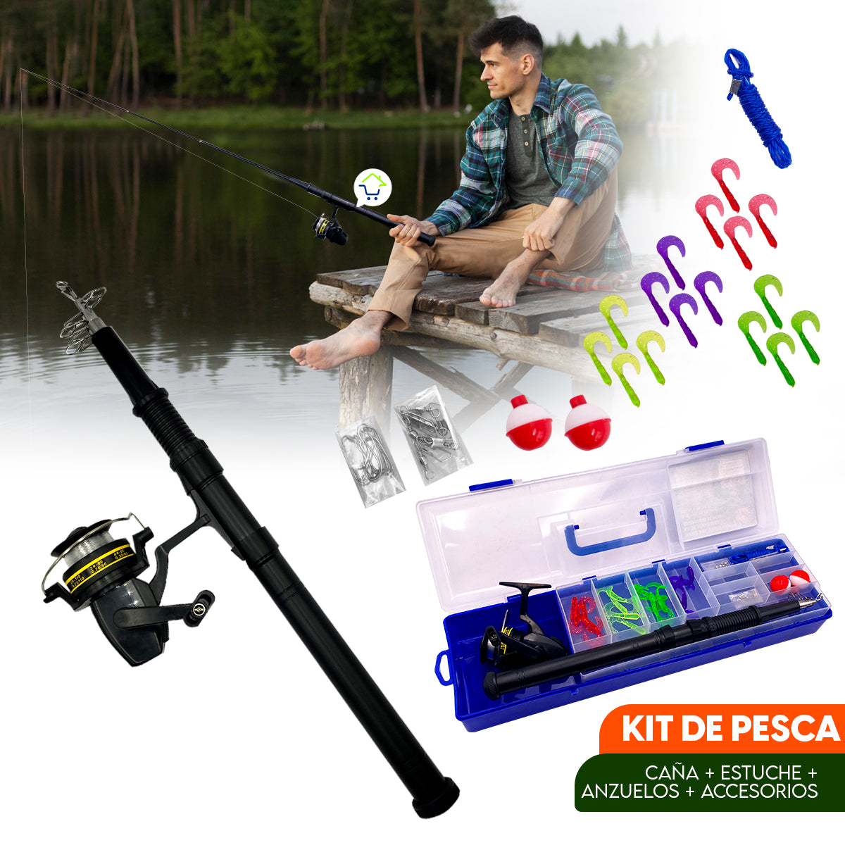 Kit Caña de Pescar Estuche Cenc02™ I Set Completo de Pesca para Aficionados y Expertos